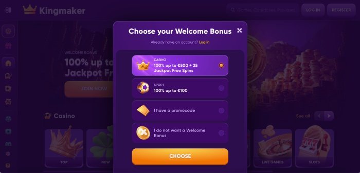 Kingmaker casino promo code a Italy